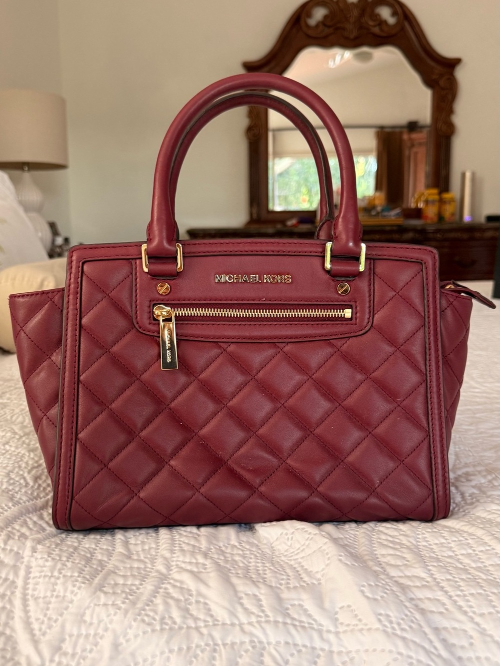 Michael Kors Quilted Satchel in Wine Red with Gold Hardware